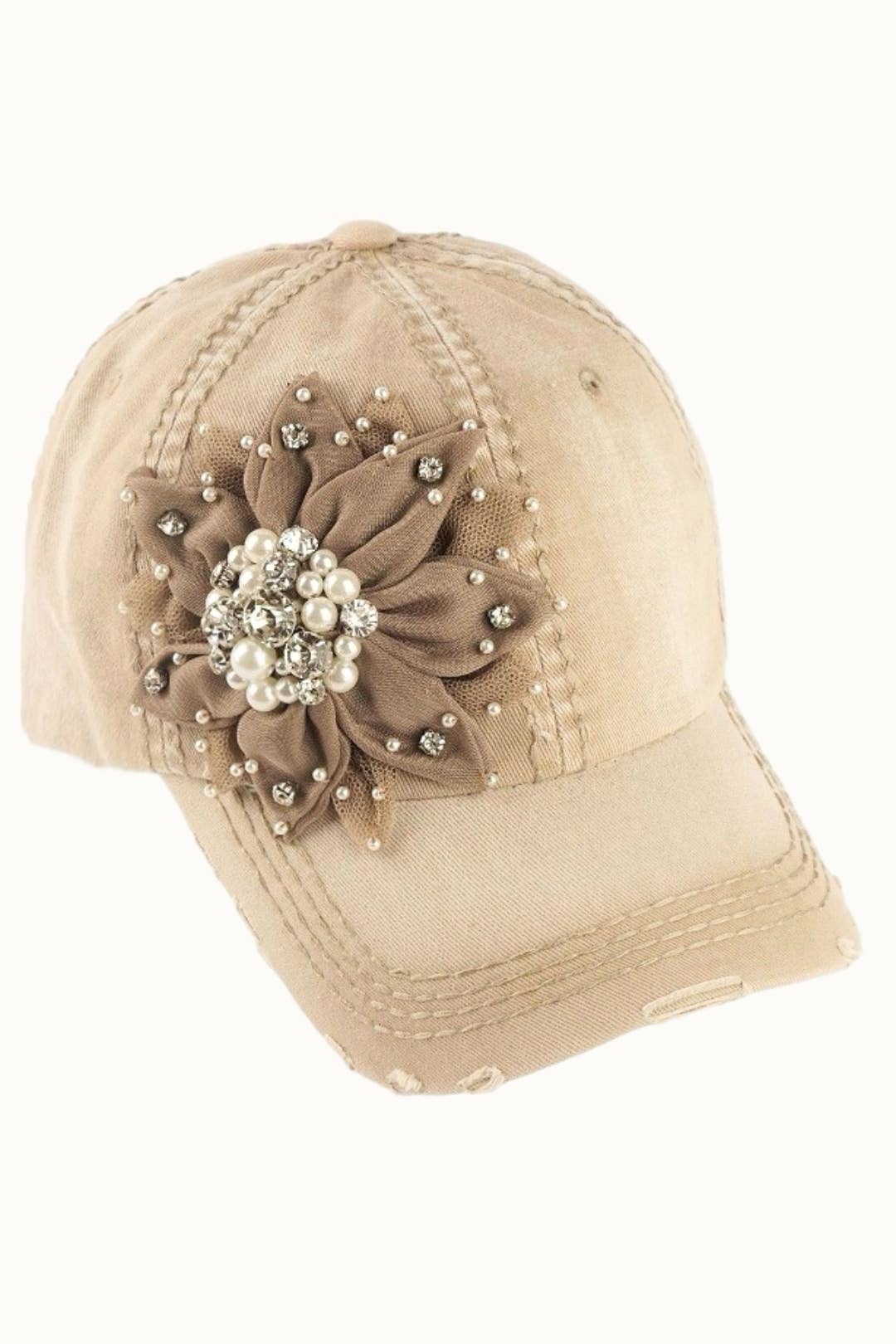 Floral Bejeweled Bling Glitz Distressed Cap, Adjustable