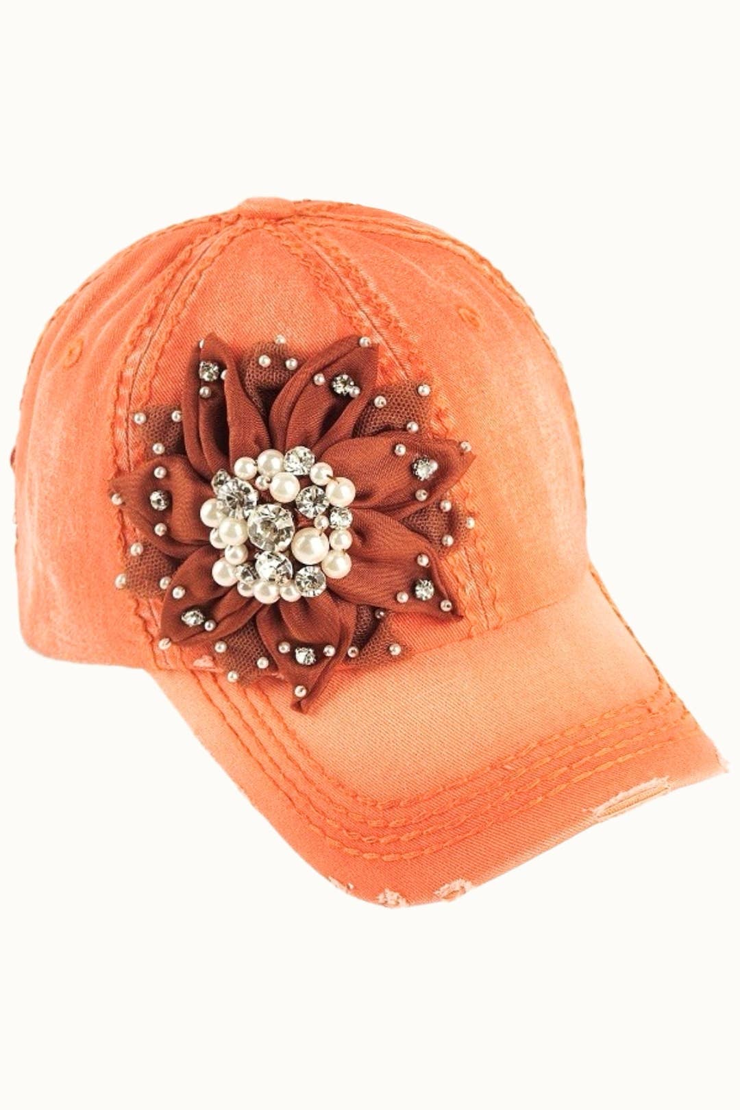 Floral Bejeweled Bling Glitz Distressed Cap, Adjustable