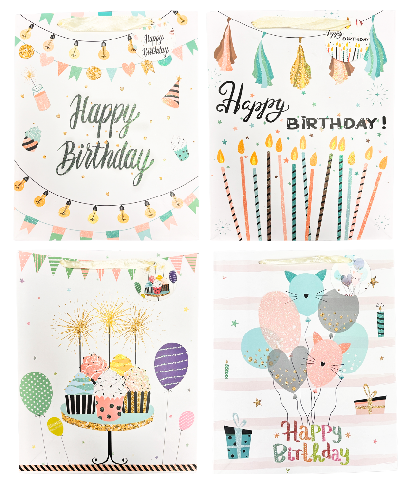 Happy Birthday Gift Bag - white color, assort 4styles