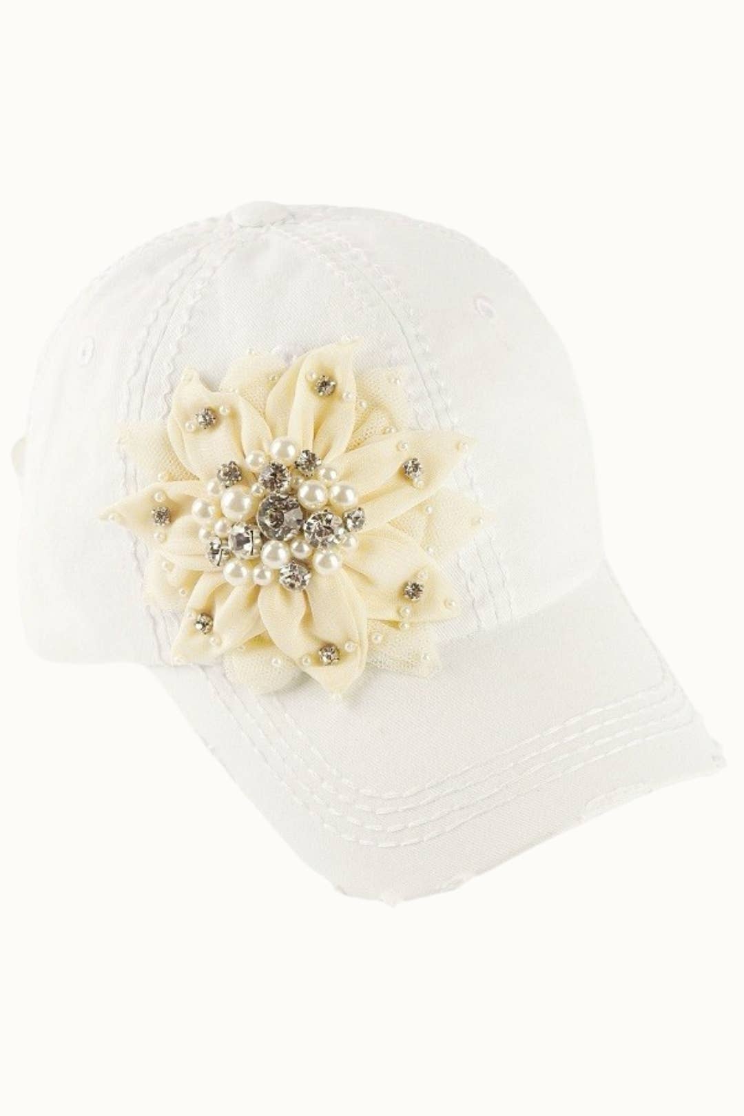 Floral Bejeweled Bling Glitz Distressed Cap, Adjustable