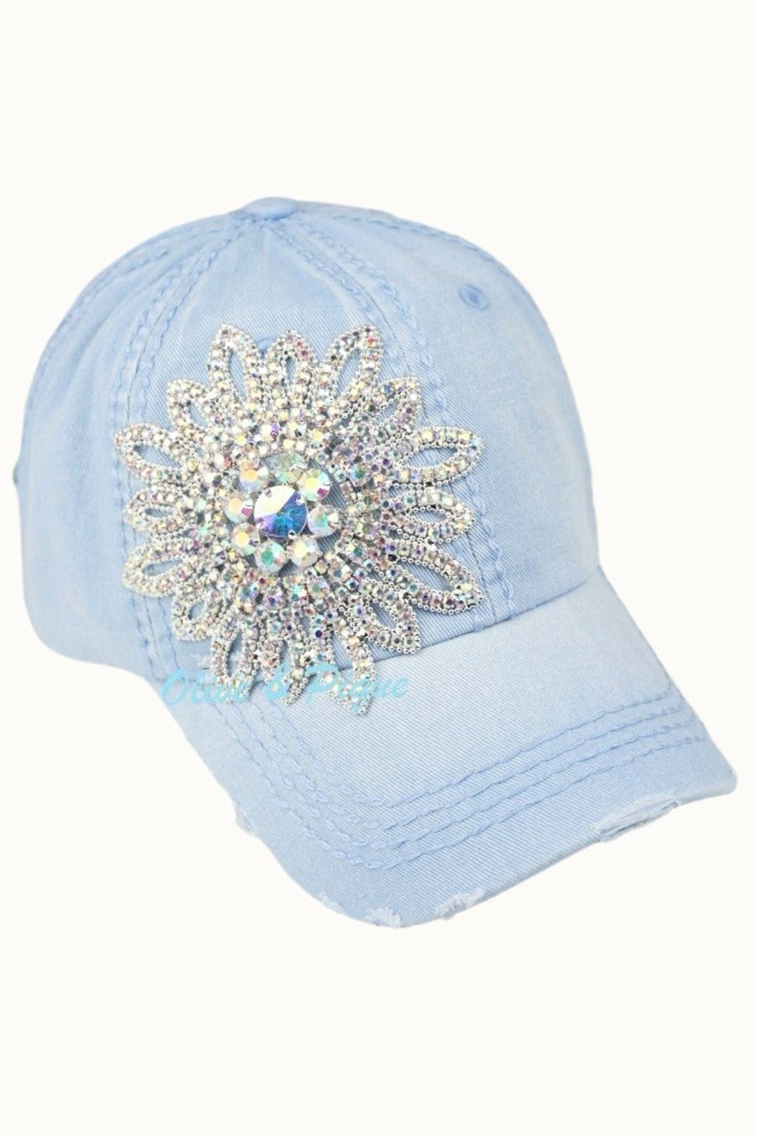 Sunflower Bejeweled Glitz Distressed Cap, Adjustable