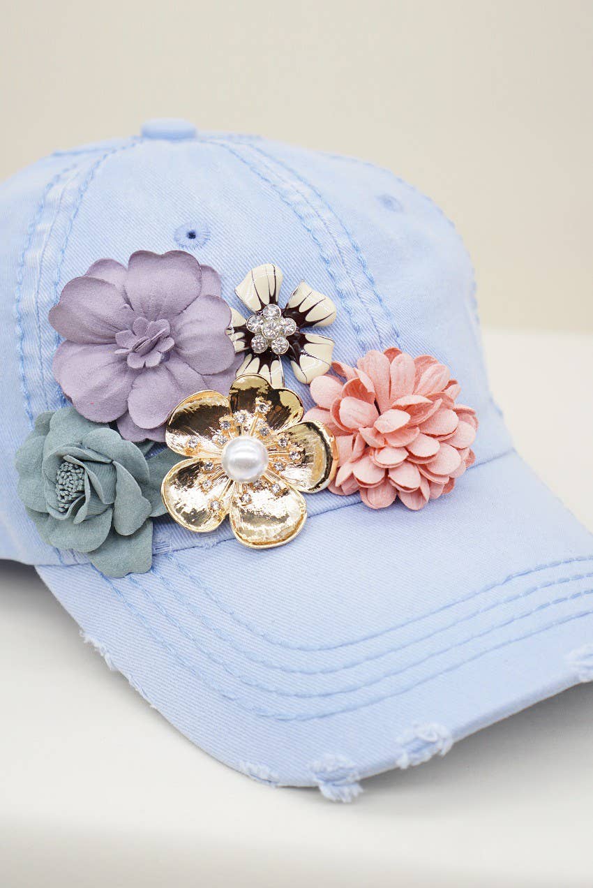 Floral Bouquet Bejeweled Bling Glitz Cap, Adjustable