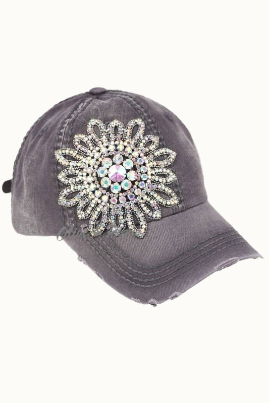 Sunflower Bejeweled Glitz Distressed Cap, Adjustable