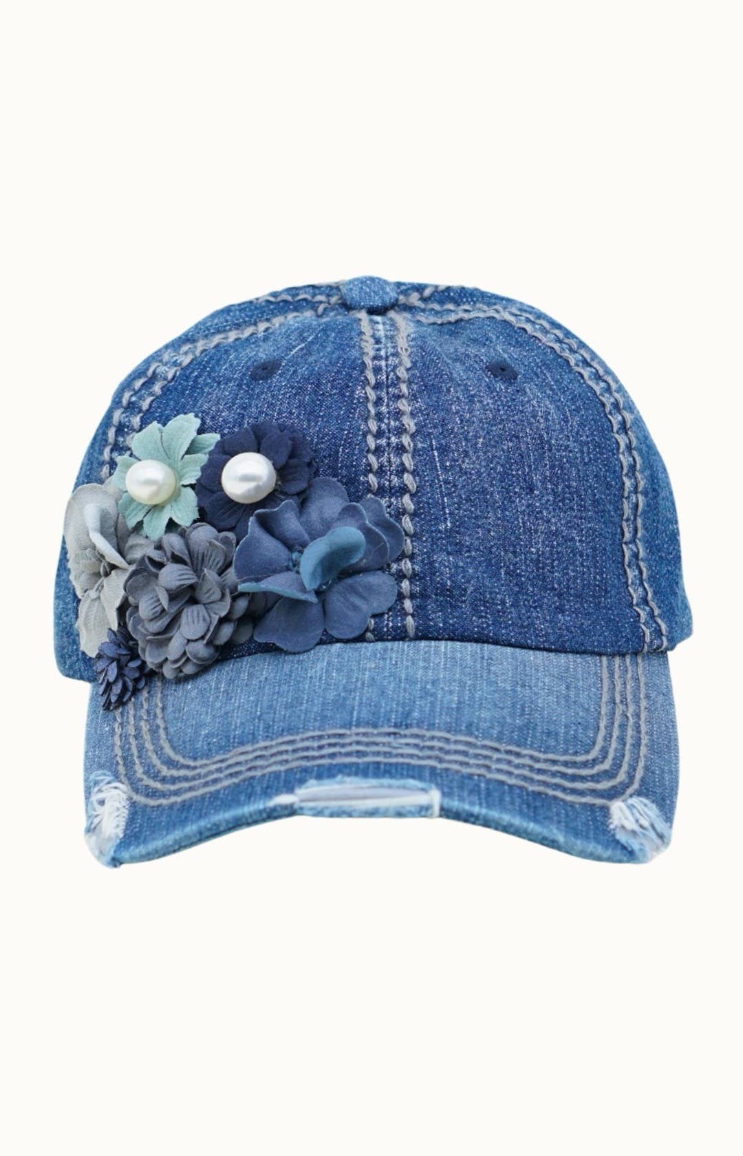 Floral Bouquet Bejeweled Bling Glitz Denim Cap, Adjustable