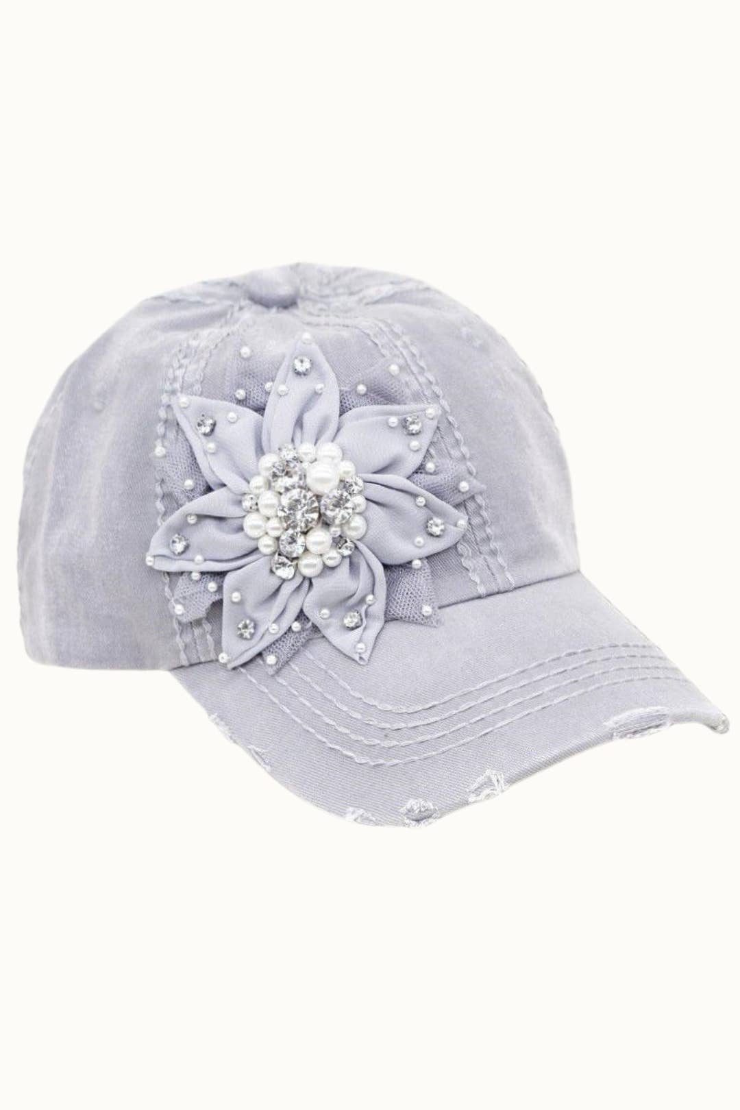 Floral Bejeweled Bling Glitz Distressed Cap, Adjustable