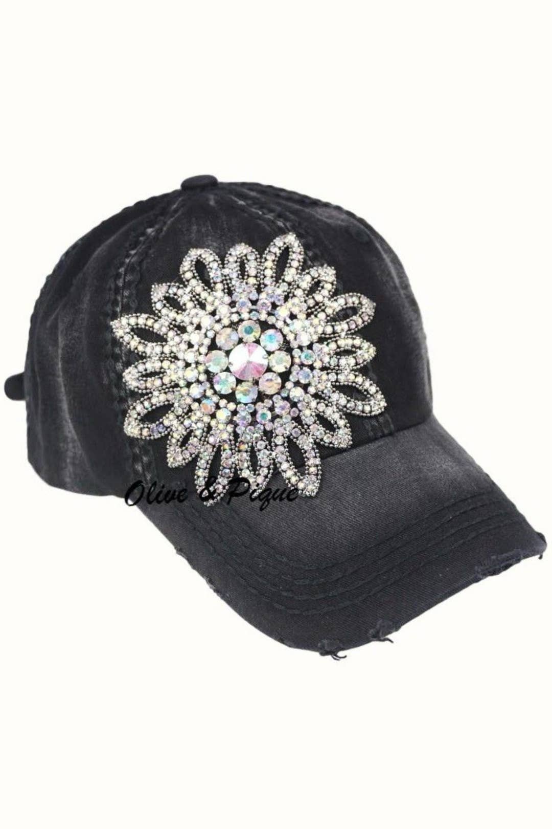 Sunflower Bejeweled Glitz Distressed Cap, Adjustable