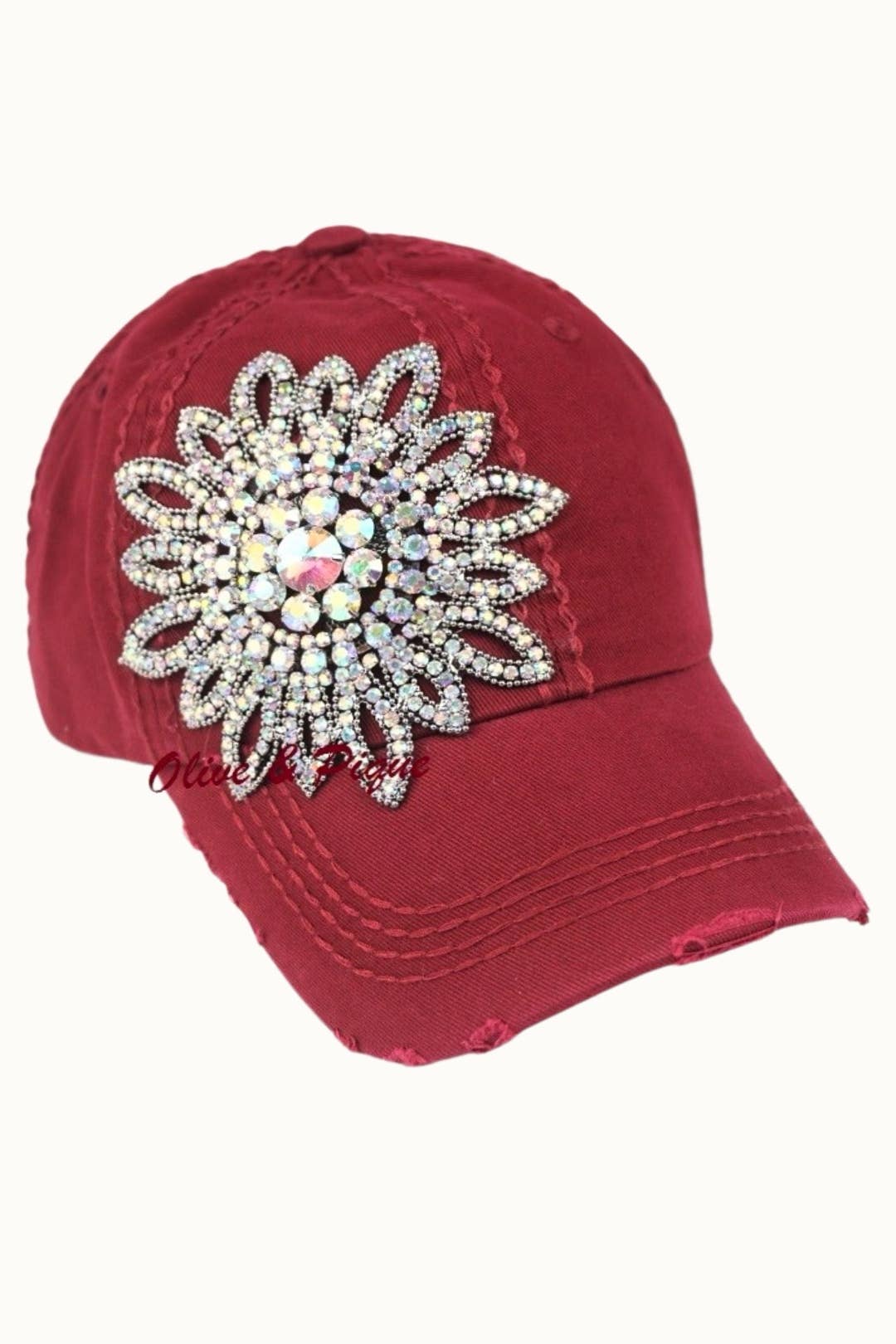 Sunflower Bejeweled Glitz Distressed Cap, Adjustable