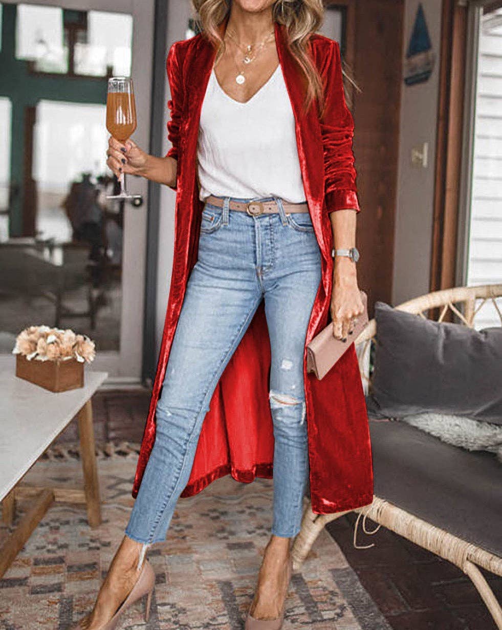 Velvet Open Front Pocketed Duster