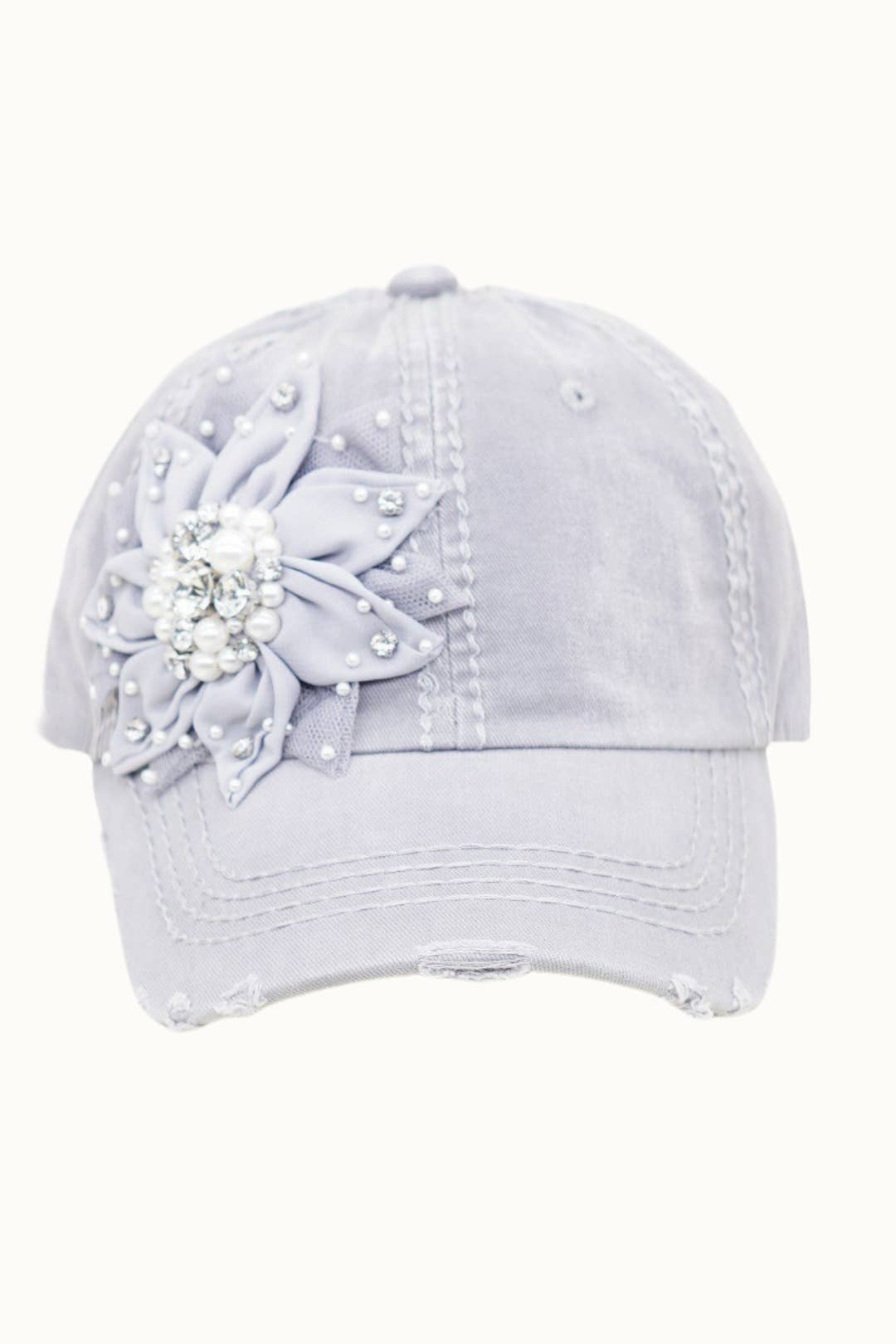 Floral Bejeweled Bling Glitz Distressed Cap, Adjustable