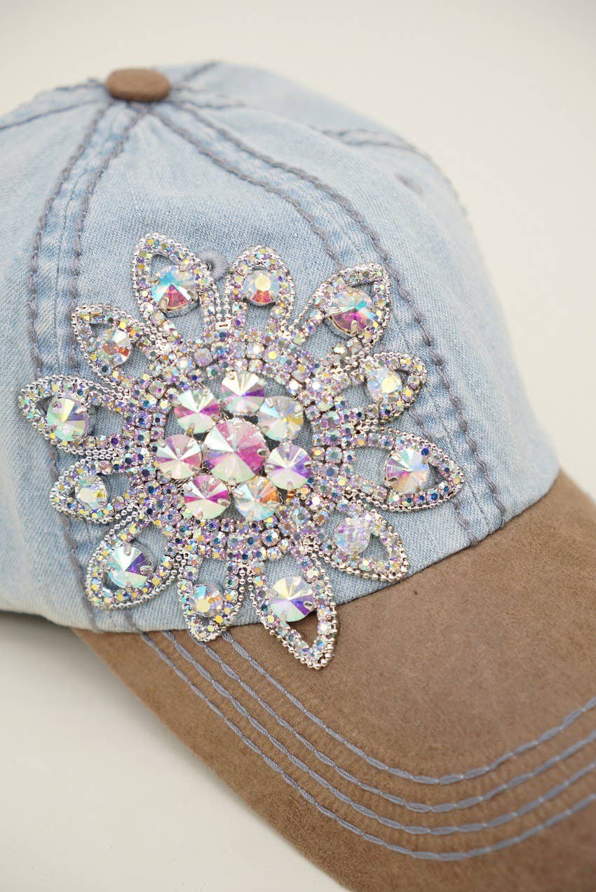 Sunflower Bejeweled Glitz Two-Toned Cap, Adjustable