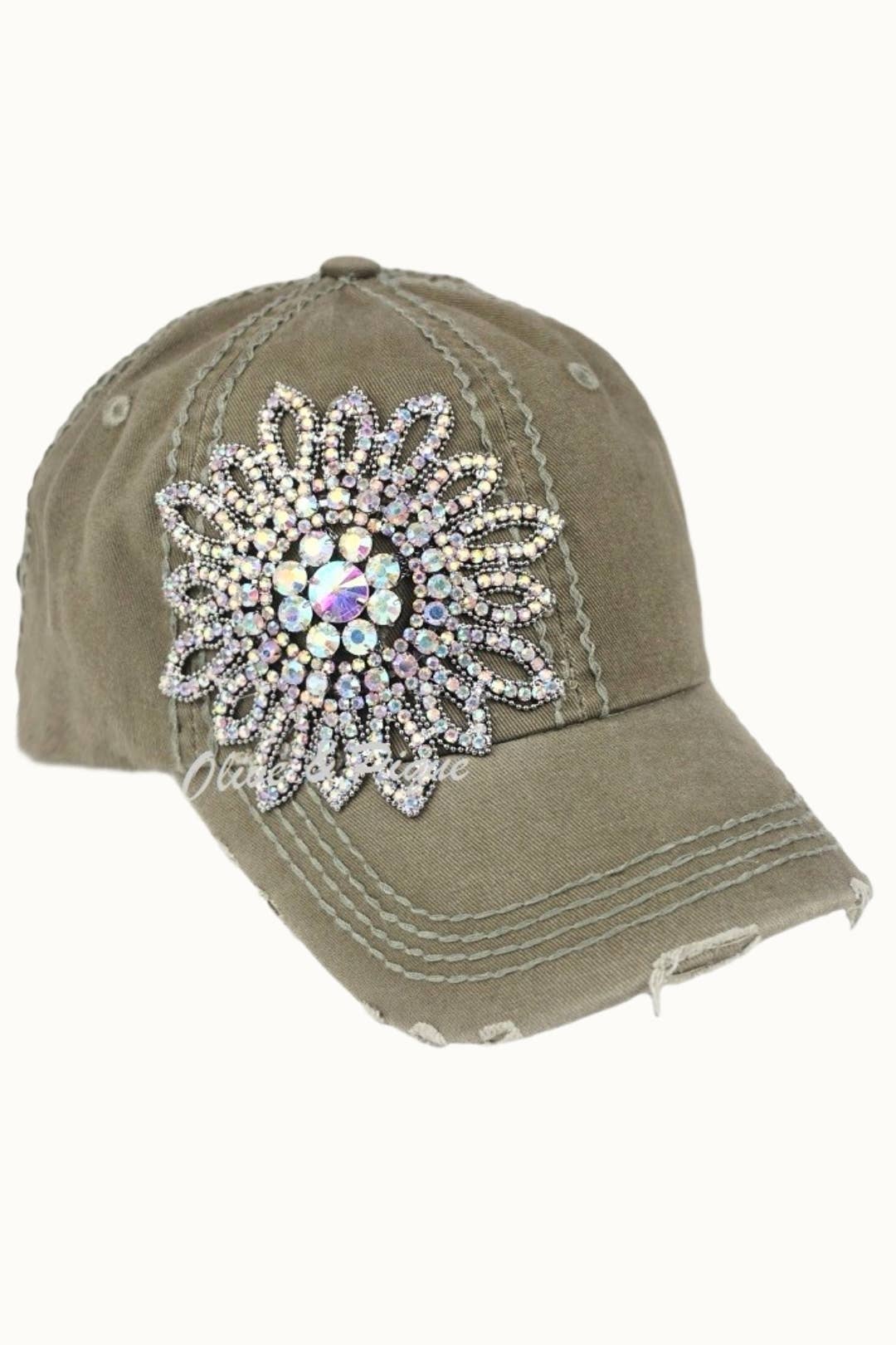 Sunflower Bejeweled Glitz Distressed Cap, Adjustable